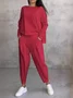 Women Plain Crew Neck Long Sleeve Comfy Casual Top With Pants Two-Piece Set