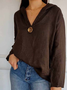 V Neck Long Sleeve Plain Regular Loose Blouse For Women