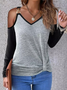 Crew Neck Long Sleeve Color Block Lace Regular Loose Blouse For Women