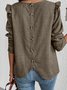 Crew Neck Long Sleeve Plain Buckle Regular Loose Blouse For Women