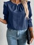 Crew Neck Long Sleeve Plain Buckle Regular Loose Blouse For Women