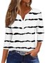 Casual Abstract Stripes Notched Three Quarter Sleeve T-shirt