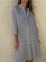 Women Striped V Neck Three Quarter Sleeve Comfy Casual Buckle Maxi Dress