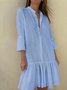 Women Striped V Neck Three Quarter Sleeve Comfy Casual Buckle Maxi Dress