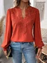 V Neck Long Sleeve Plain Lace Regular Regular Fit Blouse For Women