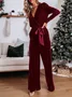 Women Long Sleeve V Neck Regular Fit Ankle Pants Daily Casual Plain Natural Jumpsuit