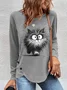 Casual Cat Crew Neck Long Sleeve T-shirt