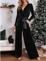 Women Long Sleeve V Neck Regular Fit Ankle Pants Daily Casual Plain Natural Jumpsuit