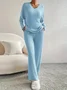 Women Plain Crew Neck Long Sleeve Comfy Casual Top With Pants Two-Piece Set