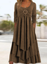 Women Geometric Crew Neck Long Sleeve Comfy Casual Buckle Maxi Dress