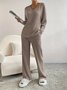 Women Plain Crew Neck Long Sleeve Comfy Casual Top With Pants Two-Piece Set