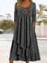 Women Geometric Crew Neck Long Sleeve Comfy Casual Buckle Maxi Dress