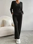 Women Plain Crew Neck Long Sleeve Comfy Casual Top With Pants Two-Piece Set