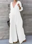 Women Long Sleeve V Neck Regular Fit Long Daily Casual Plain Natural Jumpsuit