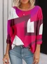 Crew Neck Long Sleeve Plaid Lace Regular Loose Blouse For Women