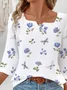 Casual Floral Notched Three Quarter Sleeve T-shirt