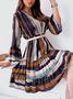 Women Striped V Neck Long Sleeve Comfy Casual Midi Dress