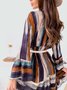 Women Striped V Neck Long Sleeve Comfy Casual Midi Dress