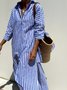 Women Striped Shirt Collar Half Sleeve Comfy Casual Midi Dress