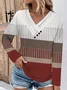 Casual Striped V Neck Long Sleeve T-shirt