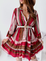 Women Striped V Neck Long Sleeve Comfy Casual Midi Dress