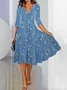 Women Floral V Neck Three Quarter Sleeve Comfy Casual Midi Dress