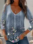 Casual Floral V Neck Long Sleeve T-shirt