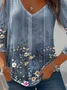Casual Floral V Neck Long Sleeve T-shirt