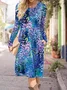 Women Floral Crew Neck Long Sleeve Comfy Casual Midi Dress