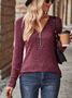 V Neck Long Sleeve Plain Zipper Regular Micro-Elasticity Loose Blouse For Women