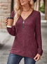 V Neck Long Sleeve Plain Zipper Regular Micro-Elasticity Loose Blouse For Women