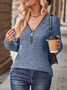 V Neck Long Sleeve Plain Zipper Regular Micro-Elasticity Loose Blouse For Women