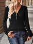 V Neck Long Sleeve Plain Zipper Regular Micro-Elasticity Loose Blouse For Women