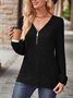 V Neck Long Sleeve Plain Zipper Regular Micro-Elasticity Loose Blouse For Women