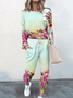 Women Floral Crew Neck Long Sleeve Comfy Casual Top With Pants Two-Piece Set