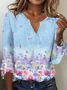 Casual Floral Notched Three Quarter Sleeve T-shirt