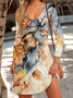 Women Floral V Neck Long Sleeve Comfy Casual Printing Midi Dress