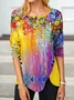 Notched Long Sleeve Floral Regular Micro-Elasticity Loose Blouse For Women