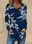 V Neck Long Sleeve Floral Regular Micro-Elasticity Loose Blouse For Women