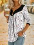 Notched Long Sleeve Floral Lace Regular Micro-Elasticity Loose Blouse For Women