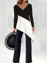 Women Color Block V Neck Long Sleeve Comfy Casual Top With Pants Two-Piece Set