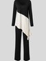 Women Color Block V Neck Long Sleeve Comfy Casual Top With Pants Two-Piece Set