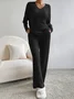 Women Plain V Neck Long Sleeve Comfy Casual Top With Pants Two-Piece Set