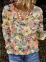 V Neck Long Sleeve Floral Regular Micro-Elasticity Loose Blouse For Women