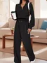 Women Plain V Neck Long Sleeve Comfy Casual Top With Pants Two-Piece Set