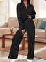 Women Plain V Neck Long Sleeve Comfy Casual Top With Pants Two-Piece Set