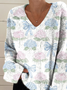 V Neck Long Sleeve Floral Regular Micro-Elasticity Loose Blouse For Women