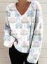 V Neck Long Sleeve Floral Regular Micro-Elasticity Loose Blouse For Women