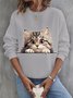 Casual Crew Neck Cat Sweatshirt