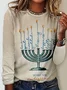 Casual Geometric Crew Neck Long Sleeve Hanukkah Style T-shirt